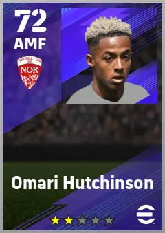 Omari Hutchinson eFootball 2026 player card — 72 OVR AMF