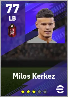 Milos Kerkez eFootball 2026 player card — 77 OVR LB