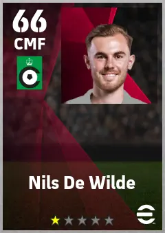 Nils De Wilde eFootball 2026 player card — 66 OVR CMF