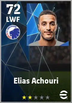 Elias Achouri eFootball 2026 player card — 72 OVR LWF