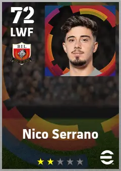 Nico Serrano eFootball 2026 player card — 72 OVR LWF
