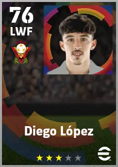 Diego Lopez eFootball 2026 player card — 76 OVR LWF