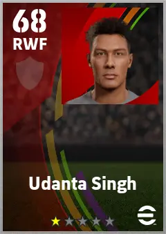 Udanta Singh eFootball 2026 player card — 68 OVR RWF