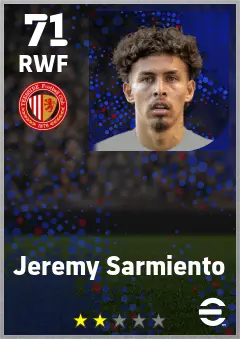 Jeremy Sarmiento eFootball 2026 player card — 71 OVR RWF