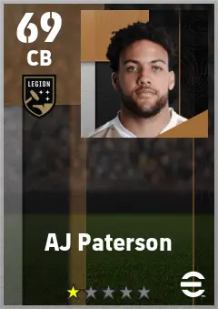 AJ Paterson eFootball 2026 player card — 69 OVR CB