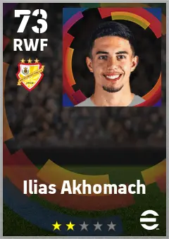 Ilias Akhomach eFootball 2026 player card — 73 OVR RWF