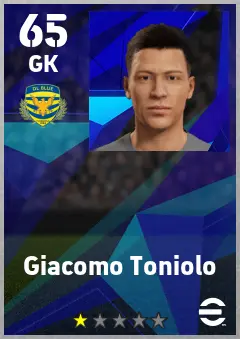 Giacomo Toniolo eFootball 2026 player card — 65 OVR GK