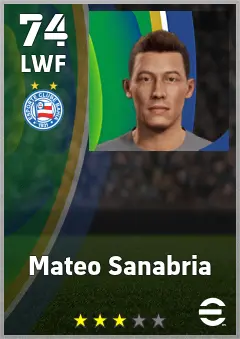 Mateo Sanabria eFootball 2026 player card — 74 OVR LWF