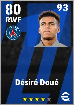 Desire Doue eFootball 2026 player card — 80 OVR RWF