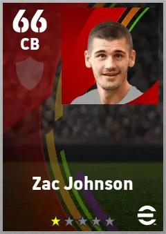 Zac Johnson eFootball 2026 player card — 66 OVR CB
