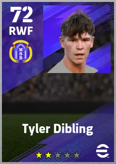 Tyler Dibling eFootball 2026 player card — 72 OVR RWF
