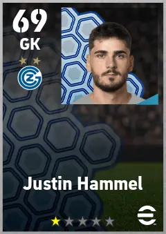 Justin Hammel eFootball 2026 player card — 69 OVR GK