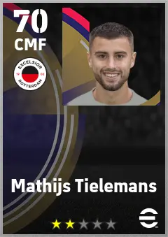 Mathijs Tielemans eFootball 2026 player card — 70 OVR CMF