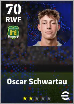 Oscar Schwartau eFootball 2026 player card — 70 OVR RWF