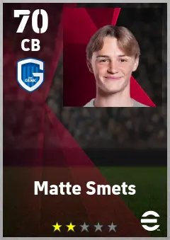 Matte Smets eFootball 2026 player card — 70 OVR CB