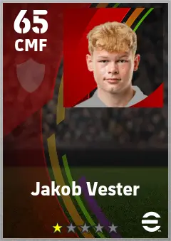Jakob Vester eFootball 2026 player card — 65 OVR CMF