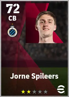 Jorne Spileers eFootball 2026 player card — 72 OVR CB