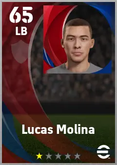 Lucas Molina eFootball 2026 player card — 65 OVR LB