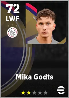 Mika Godts eFootball 2026 player card — 72 OVR LWF