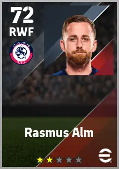 Rasmus Alm eFootball 2026 player card — 72 OVR RWF