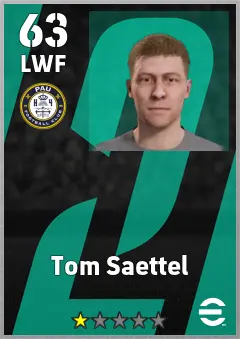 Tom Saettel eFootball 2026 player card, 63 OVR LWF