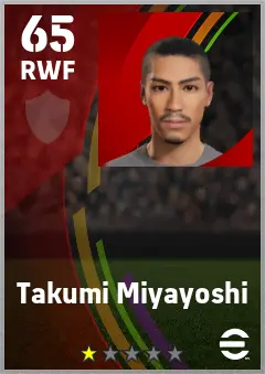 Takumi Miyayoshi eFootball 2026 player card — 65 OVR RWF