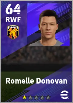 Romelle Donovan eFootball 2026 player card — 64 OVR RWF