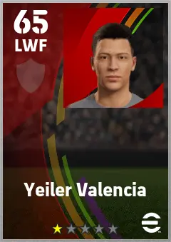 Yeiler Valencia eFootball 2026 player card — 65 OVR LWF