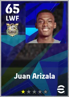 Juan Arizala eFootball 2026 player card — 65 OVR LWF