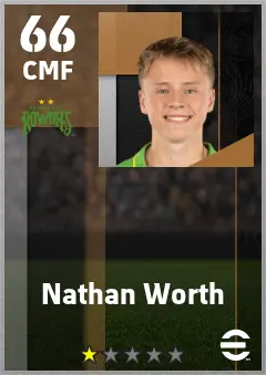 Nathan Worth eFootball 2026 player card — 66 OVR CMF