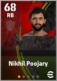 Nikhil Poojary eFootball 2026 player card — 68 OVR RB