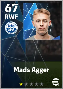 Mads Agger eFootball 2026 player card — 67 OVR RWF