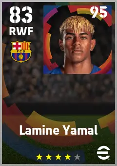 Lamine Yamal eFootball 2026 player card — 83 OVR RWF
