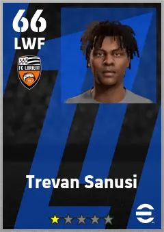 Trevan Sanusi eFootball 2026 player card — 66 OVR LWF