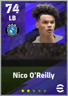 Nico O Reilly eFootball 2026 player card — 74 OVR LB