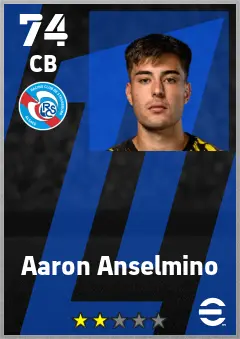 Aaron Anselmino eFootball 2026 player card — 74 OVR CB