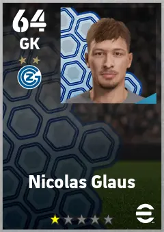 Nicolas Glaus eFootball 2026 player card — 64 OVR GK