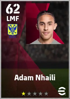 Adam Nhaili eFootball 2026 player card — 62 OVR LMF