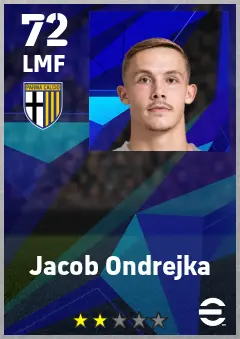 Jacob Ondrejka eFootball 2026 player card — 72 OVR LMF
