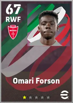Omari Forson eFootball 2026 player card — 67 OVR RWF