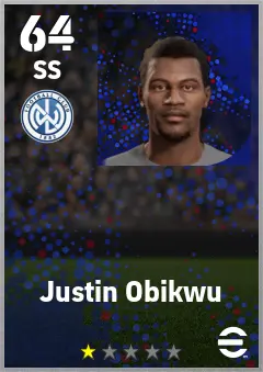 Justin Obikwu eFootball 2026 player card — 64 OVR SS