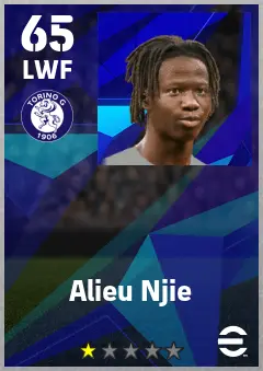 Alieu Njie eFootball 2026 player card — 65 OVR LWF