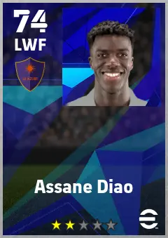 Assane Diao eFootball 2026 player card — 74 OVR LWF