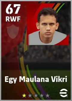 Egy Maulana Vikri eFootball 2026 player card — 67 OVR RWF