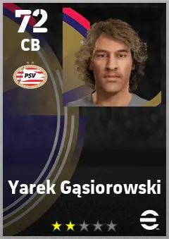 Yarek Gasiorowski eFootball 2026 player card — 72 OVR CB