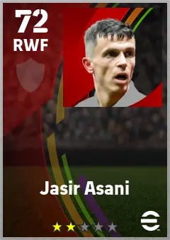 Jasir Asani eFootball 2026 player card — 72 OVR RWF