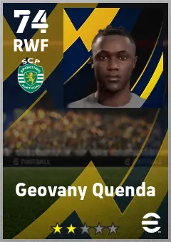 Geovany Quenda eFootball 2026 player card — 74 OVR RWF