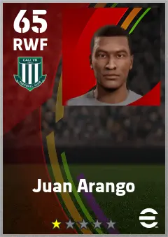 Juan Arango eFootball 2026 player card — 65 OVR RWF