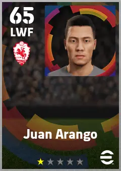 Juan Arango eFootball 2026 player card — 65 OVR LWF