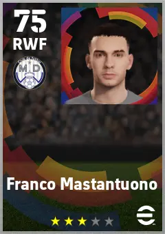 Franco Mastantuono eFootball 2026 player card — 75 OVR RWF